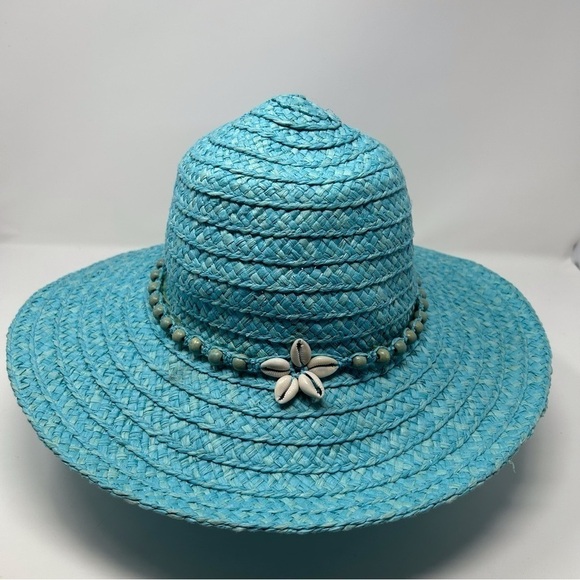 Vintage Light Sky Blue Sun Hat with Genuine Shell Design Summer Vacation Beach - Picture 2 of 15